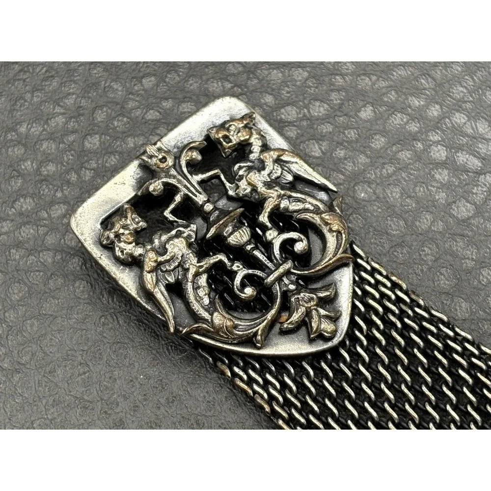 Vintage Silver Tone Ornate Baroque Mesh Brooch Pin with Shell Charm